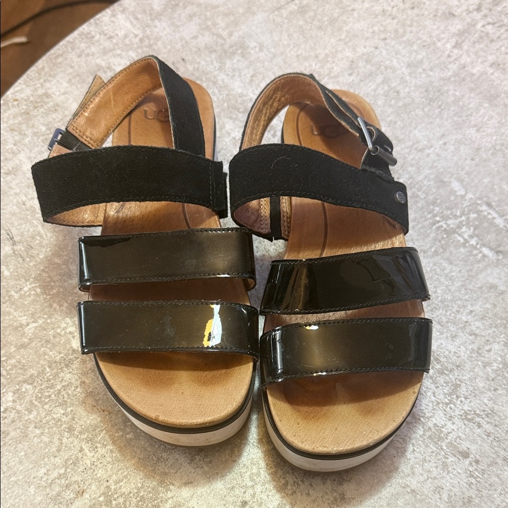 UGG Women's Black Patent & Suede Strappy Sandals